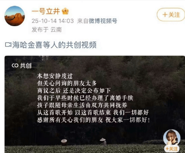 皇冠信用网怎么租_李亚鹏与海哈金喜官宣离婚：孩子跟随母亲生活皇冠信用网怎么租，由双方共同抚养